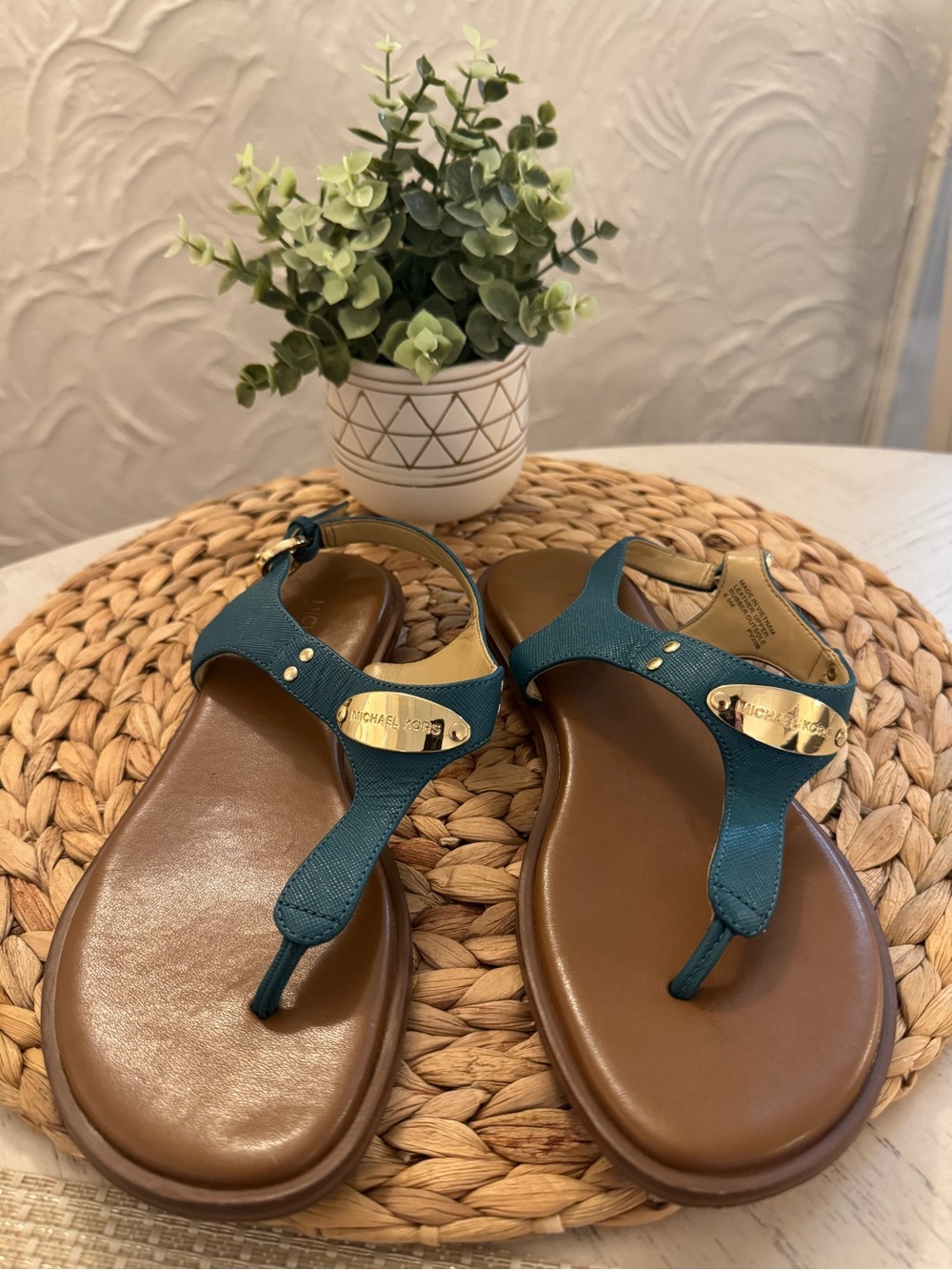 Michael Kors Teal T-Strap Sandals with Gold Accent